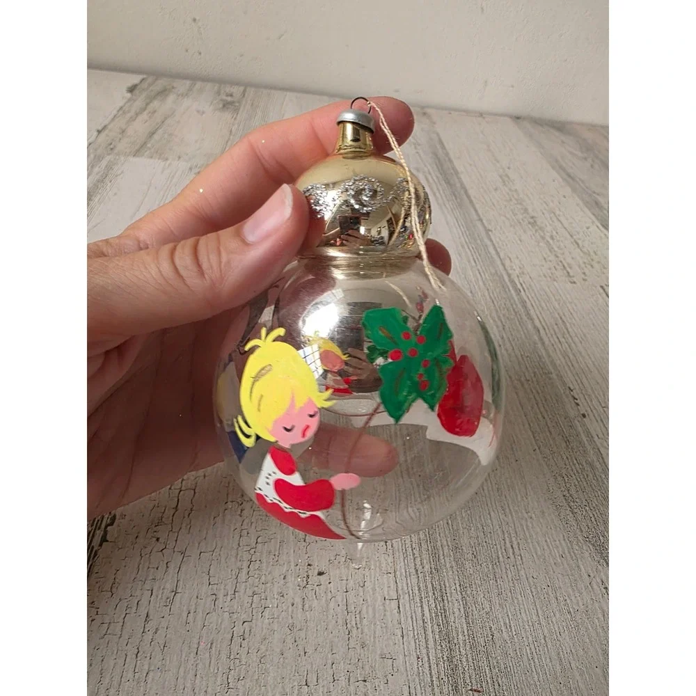 Vintage Italian reflector Nativity house glass dome ornament teardrop tree Xmas
